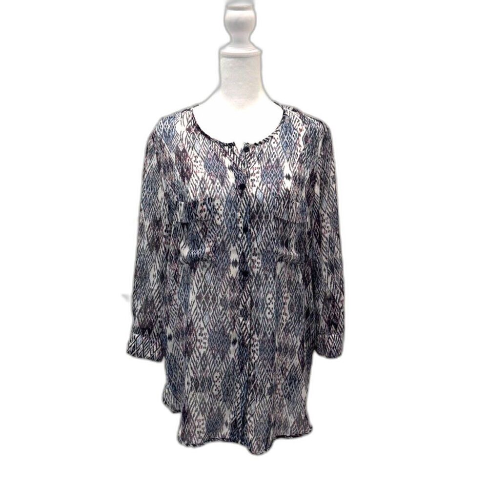 Creative Commune Women’s Blue Argyle Sheer Cut Out Button Up Tunic Blouse Med
